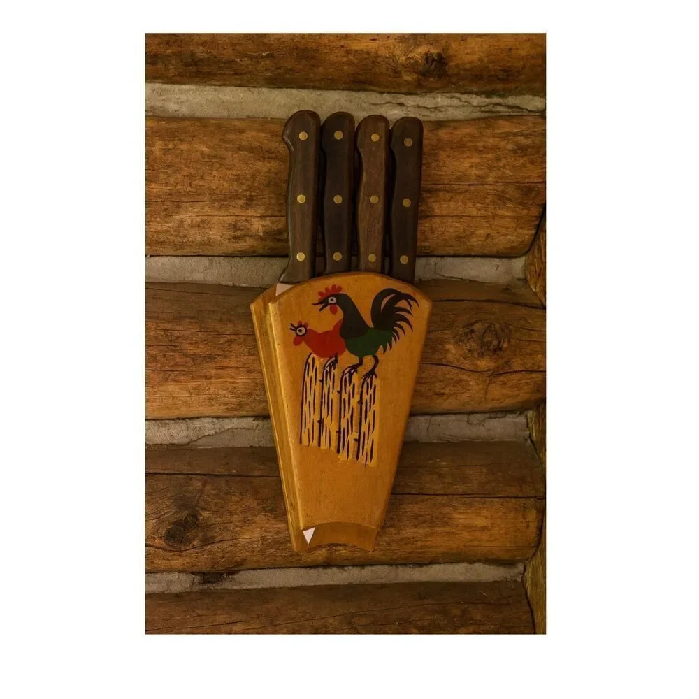 Vintage Midcentury Nevco Rooster painted wooden 5 knife holder.
